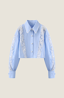 Cropped Striped Shirt with Lace Panels - Blue