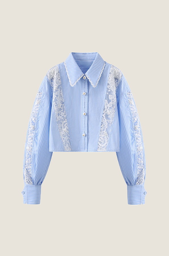 Cropped Striped Shirt with Lace Panels - Blue