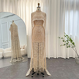 Glamourous Beaded Gown With Detachable Veil - Beige