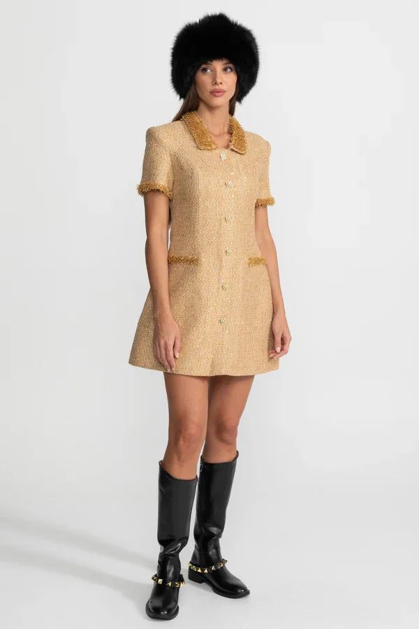 Short Sleeve Tweed Mini Dress With Metallic Fringe Trim – Gold