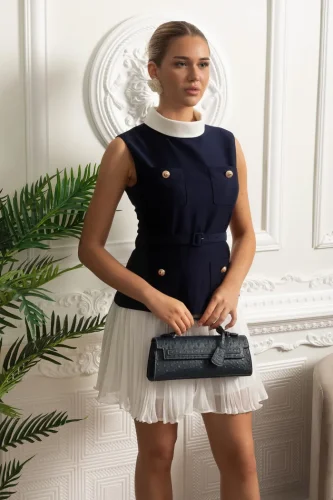 Structured Sleeveless Dress with Pleated Skirt and Contrast Collar - Navy/White