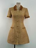 Short Sleeve Tweed Mini Dress With Metallic Fringe Trim – Gold