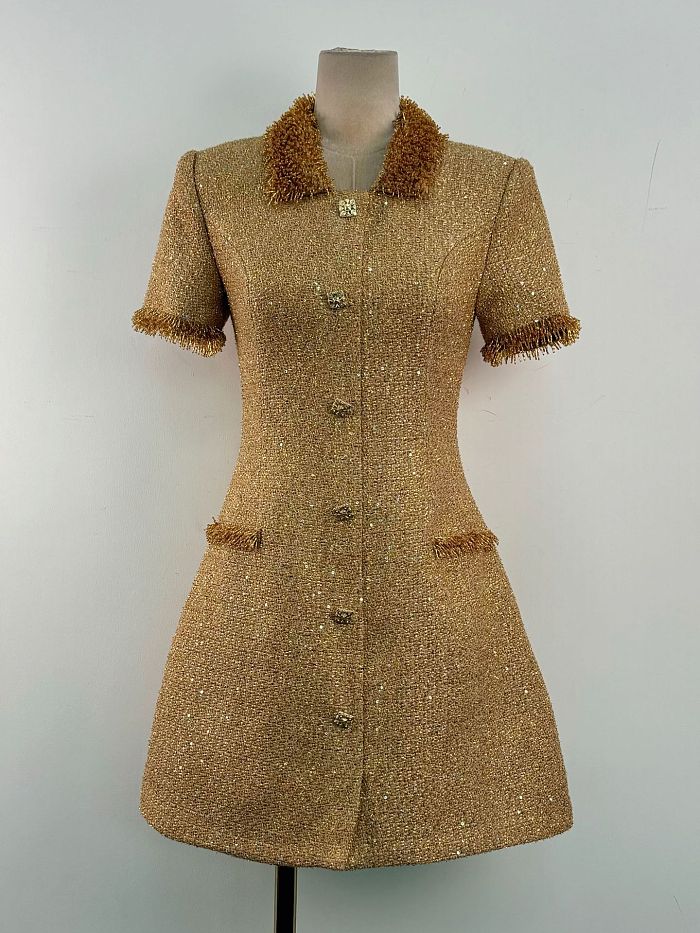 Short Sleeve Tweed Mini Dress With Metallic Fringe Trim – Gold