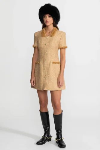 Short Sleeve Tweed Mini Dress With Metallic Fringe Trim – Gold