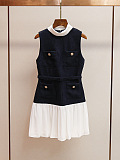 Structured Sleeveless Dress with Pleated Skirt and Contrast Collar - Navy/White