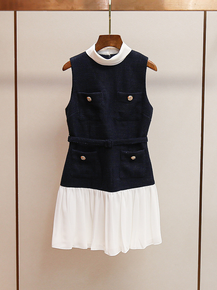 Structured Sleeveless Dress with Pleated Skirt and Contrast Collar - Navy/White