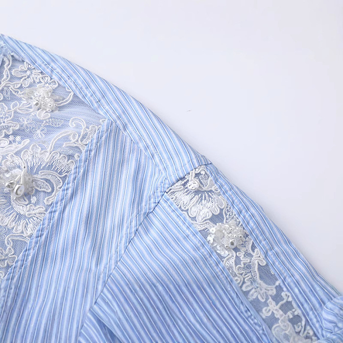 Cropped Striped Shirt with Lace Panels - Blue