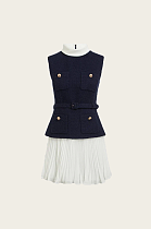 Structured Sleeveless Dress with Pleated Skirt and Contrast Collar - Navy/White
