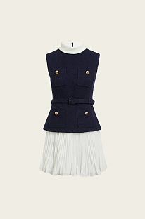 Structured Sleeveless Dress with Pleated Skirt and Contrast Collar - Navy/White