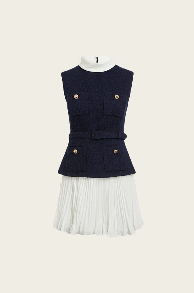 Structured Sleeveless Dress with Pleated Skirt and Contrast Collar - Navy/White