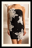 Strapless Mini Dress With Contrasting Lace Flower Embellishments - Black
