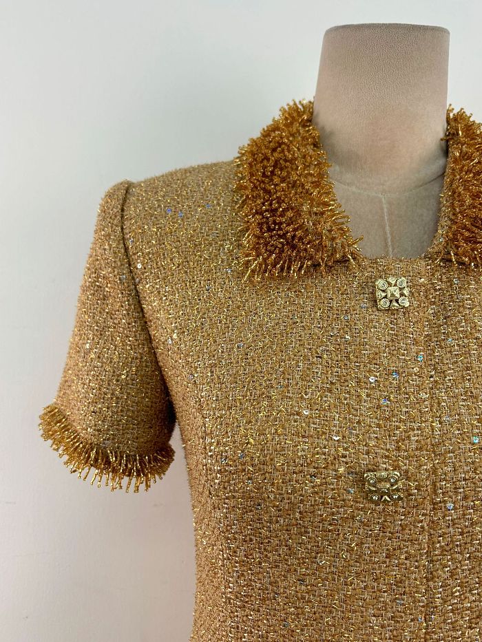 Short Sleeve Tweed Mini Dress With Metallic Fringe Trim – Gold