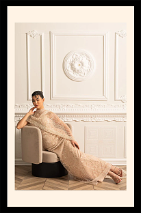 Glamourous Beaded Gown With Detachable Veil - Beige
