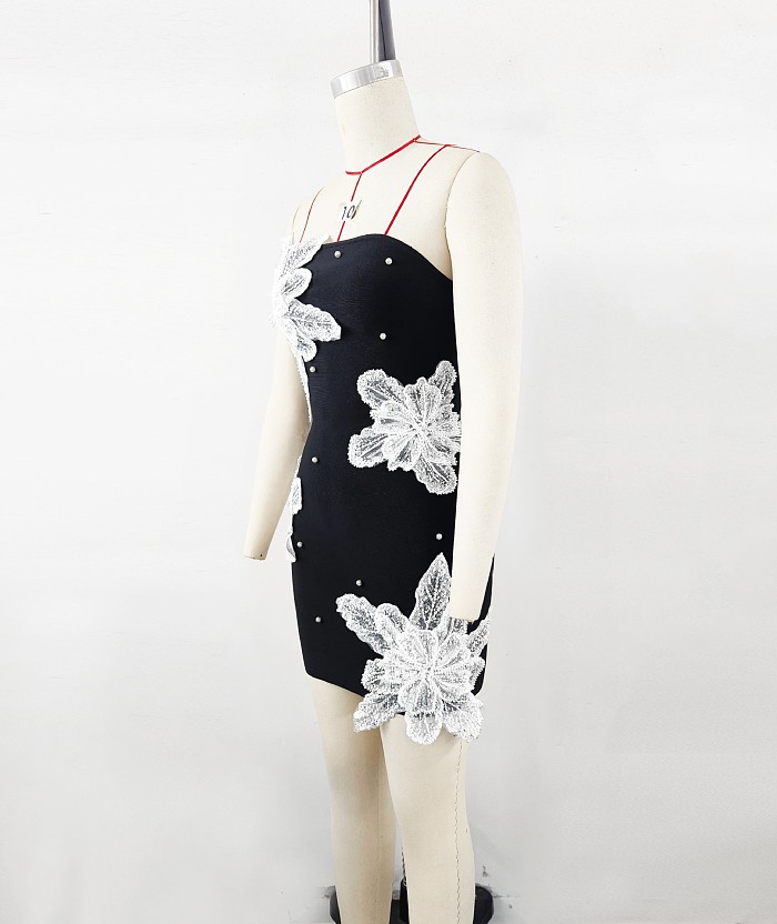 Strapless Mini Dress With Contrasting Lace Flower Embellishments - Black