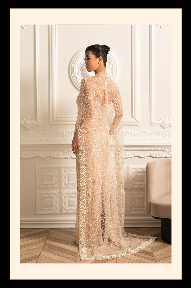 Glamourous Beaded Gown With Detachable Veil - Beige
