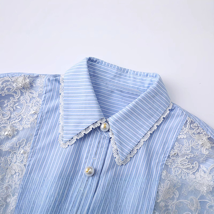Cropped Striped Shirt with Lace Panels - Blue
