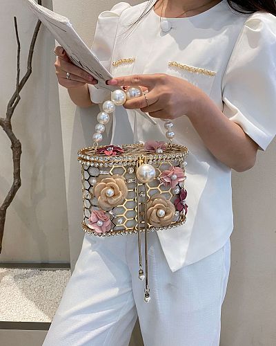 Embellished Floral Clutch With Pearl Handle – Gold