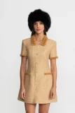 Short Sleeve Tweed Mini Dress With Metallic Fringe Trim – Gold