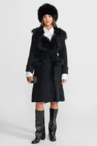 Double-Breasted Wool Knit Overcoat With Fur Trim – Black