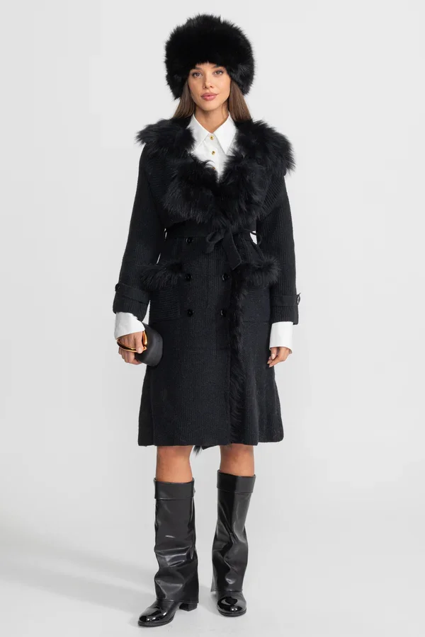 Double-Breasted Wool Knit Overcoat With Fur Trim – Black