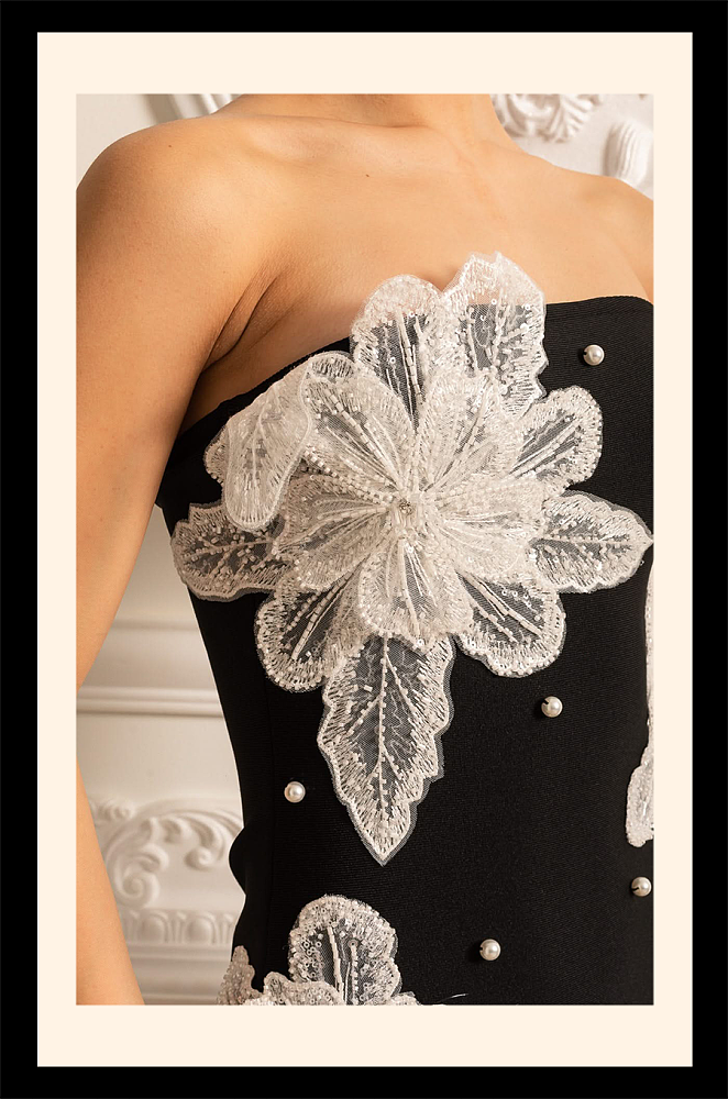 Strapless Mini Dress With Contrasting Lace Flower Embellishments - Black