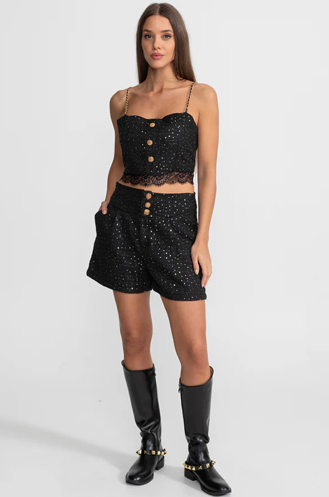 Embellished Co-Ord 3 Piece Set With Cropped Jacket, Lace Trim Top And High-Waist Shorts – Black