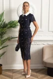 Floral Lace Midi Dress with Tailored Collar and Belted Waist - Navy