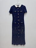 Floral Lace Midi Dress with Tailored Collar and Belted Waist - Navy