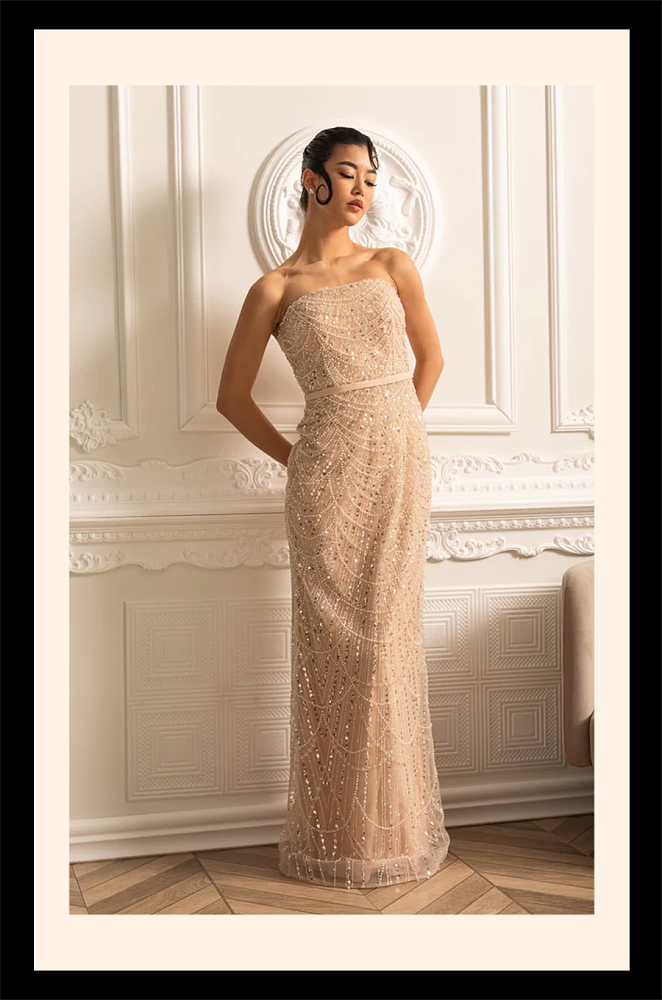 Glamourous Beaded Gown With Detachable Veil - Beige