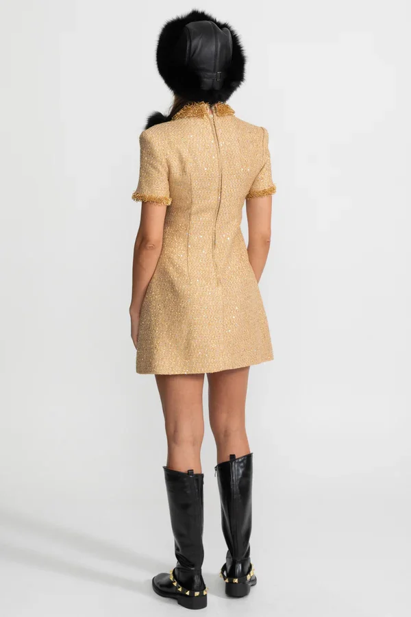 Short Sleeve Tweed Mini Dress With Metallic Fringe Trim – Gold