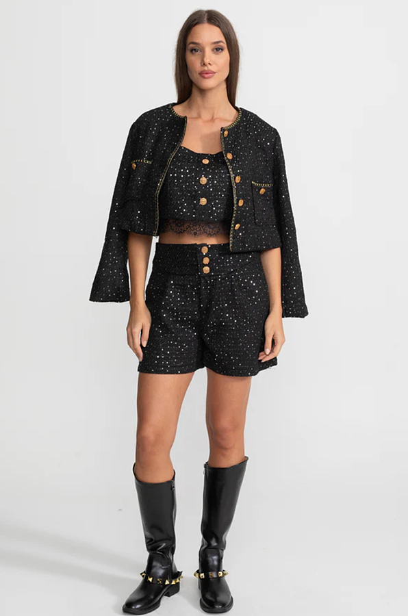 Embellished Co-Ord 3 Piece Set With Cropped Jacket, Lace Trim Top And High-Waist Shorts – Black
