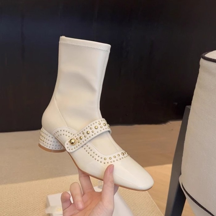 Studded Boots With Pearl Strap Detail – Ivoire