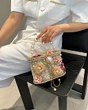 Embellished Floral Clutch With Pearl Handle – Gold