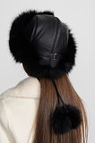 Fur Trimmed Hat With Pom-Pom Ties – Black