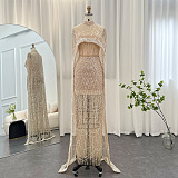 Glamourous Beaded Gown With Detachable Veil - Beige
