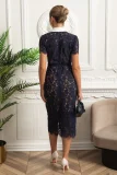 Floral Lace Midi Dress with Tailored Collar and Belted Waist - Navy