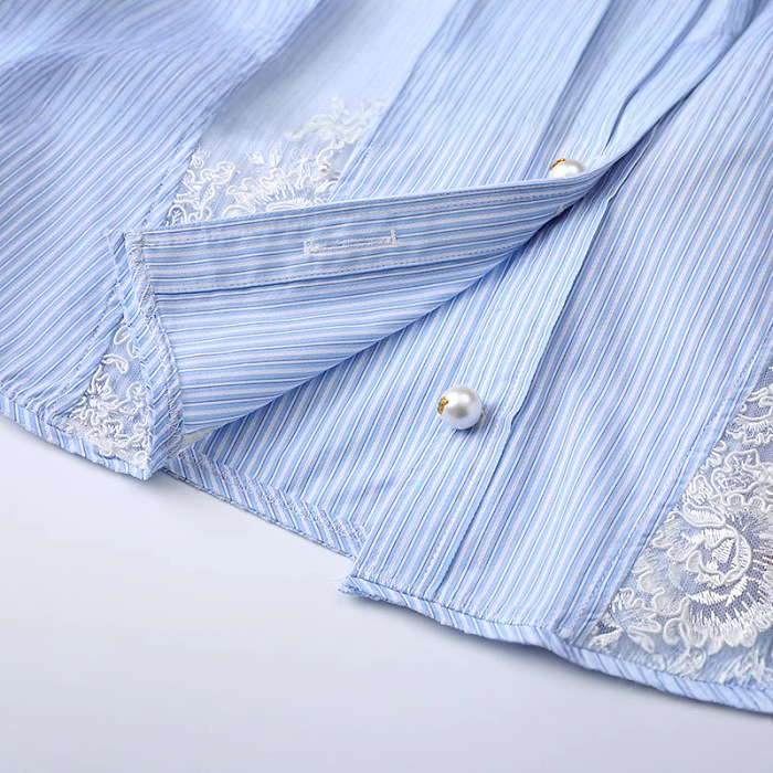 Cropped Striped Shirt with Lace Panels - Blue