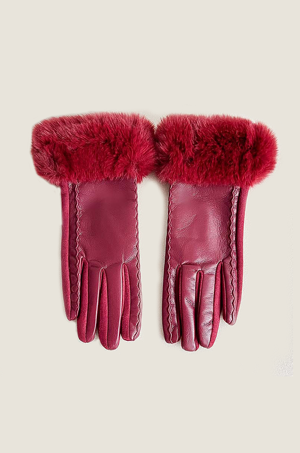 Vegan Leather Gloves With Fur Cuffs - Burgundy