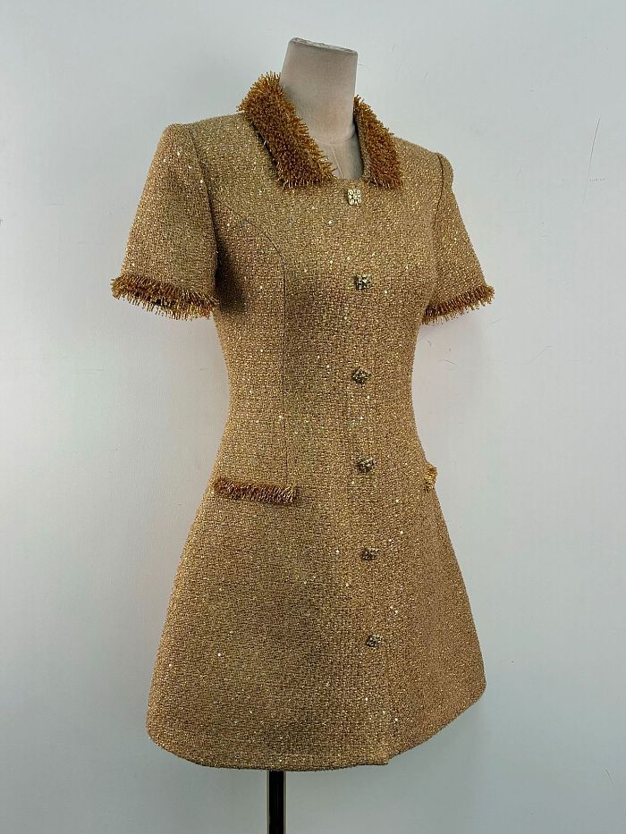 Short Sleeve Tweed Mini Dress With Metallic Fringe Trim – Gold