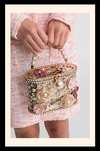 Embellished Floral Clutch With Pearl Handle – Gold