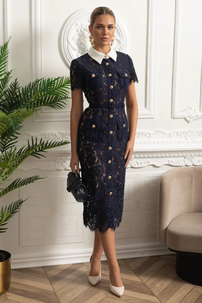 Floral Lace Midi Dress with Tailored Collar and Belted Waist - Navy