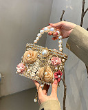 Embellished Floral Clutch With Pearl Handle – Gold