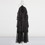 Layered Ruffle Halter Dress With Decorative Neckline Flower - Black