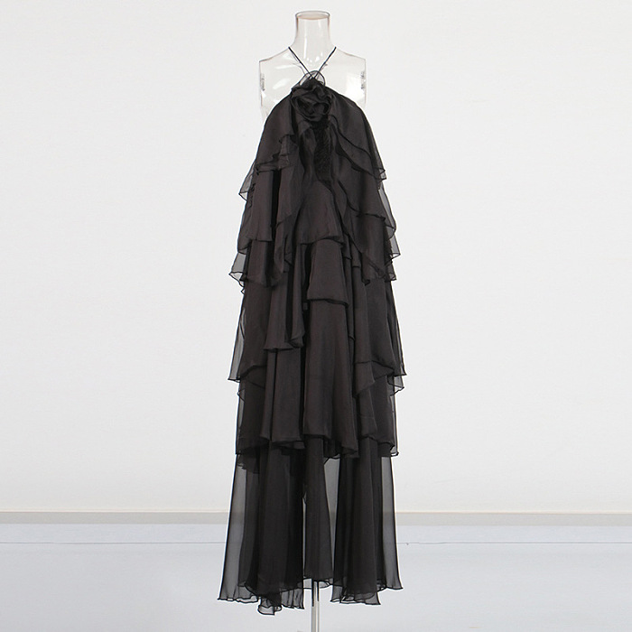 Layered Ruffle Halter Dress With Decorative Neckline Flower - Black