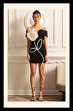 Off Shoulder Mini Dress With Large White Flower Applique - Black