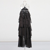 Layered Ruffle Halter Dress With Decorative Neckline Flower - Black