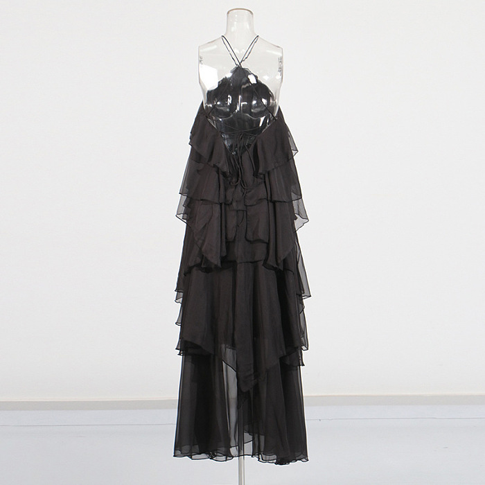Layered Ruffle Halter Dress With Decorative Neckline Flower - Black