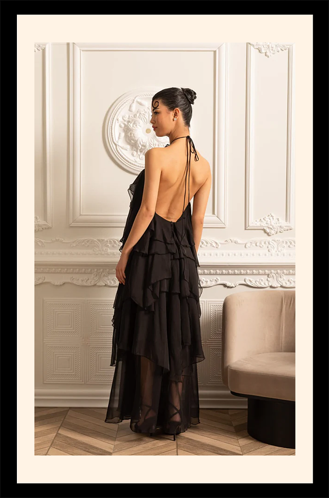 Layered Ruffle Halter Dress With Decorative Neckline Flower - Black