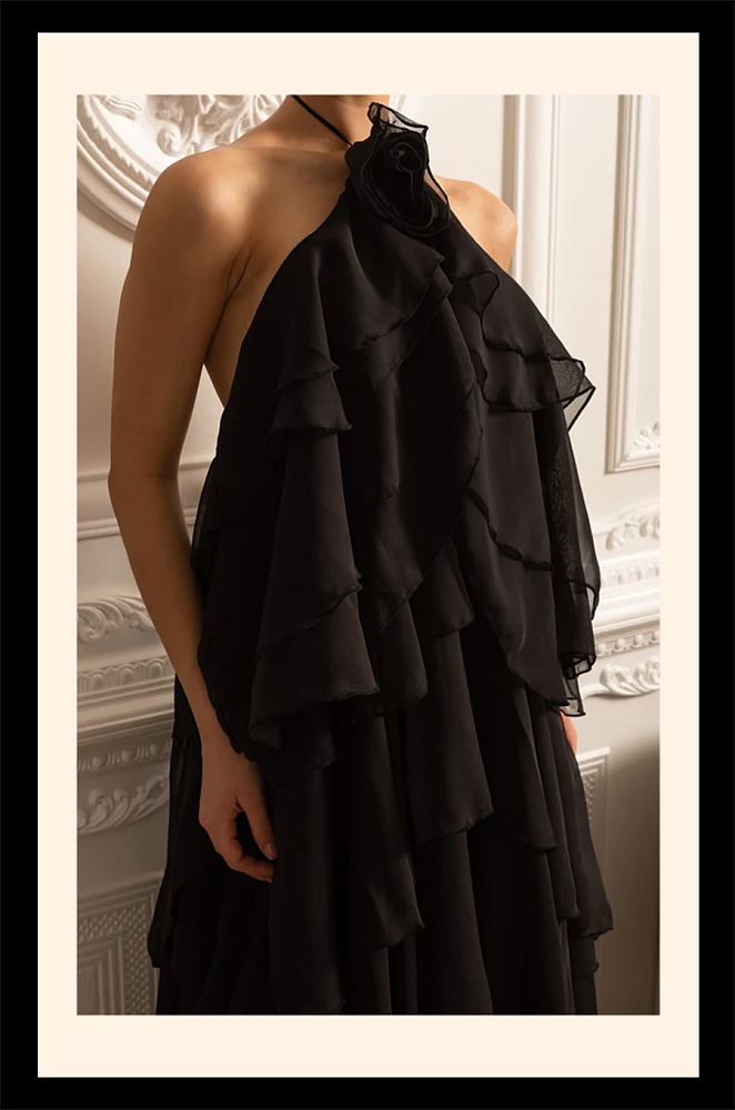 Layered Ruffle Halter Dress With Decorative Neckline Flower - Black