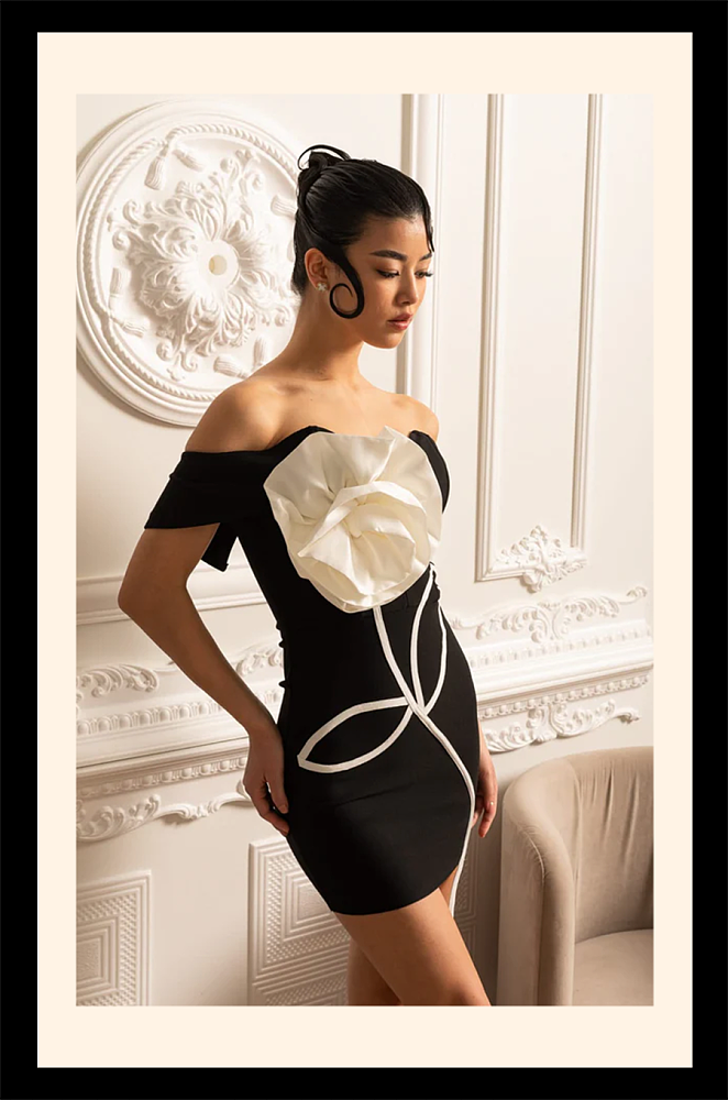 Off Shoulder Mini Dress With Large White Flower Applique - Black